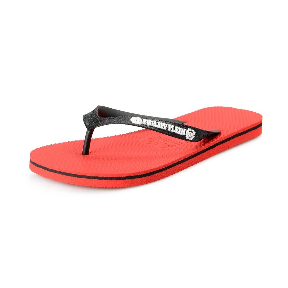 Philipp Plein Women's Red/Black Rubber Logo Print Flip Flops Shoes